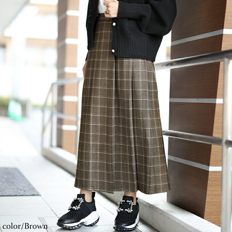 大きいサイズ レディース チェック柄メルティストレッチ微起毛タックナロースカート　cpdai-640533
