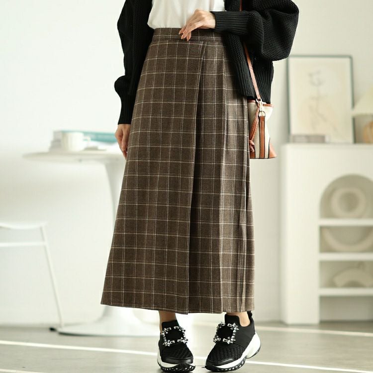 大きいサイズ レディース チェック柄メルティストレッチ微起毛タックナロースカート　cpdai-640533