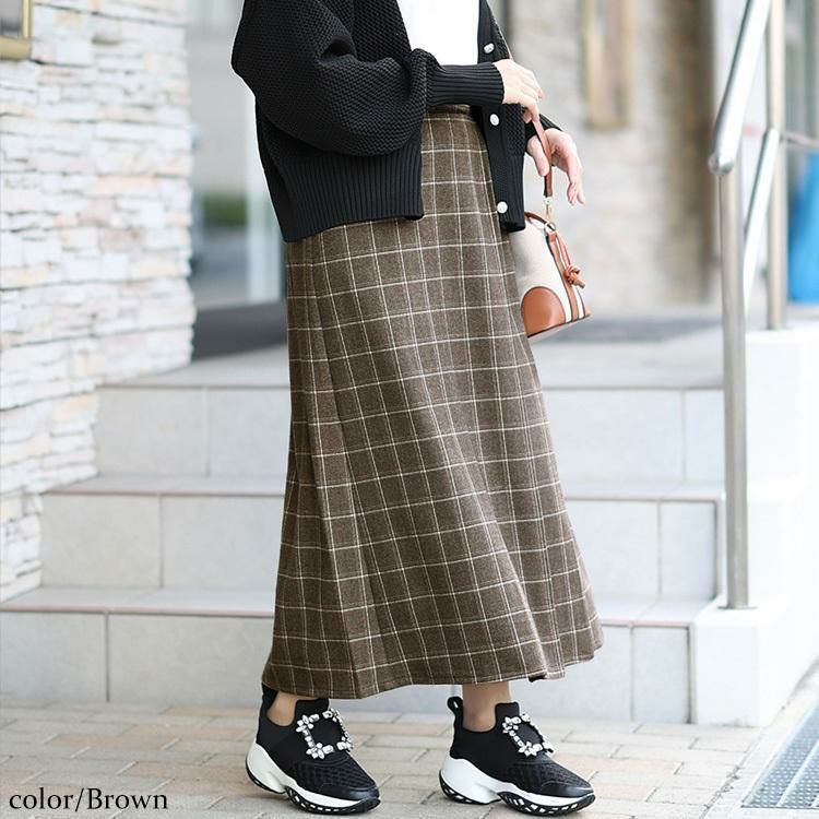 大きいサイズ レディース チェック柄メルティストレッチ微起毛タックナロースカート　cpdai-640533 ブラウン