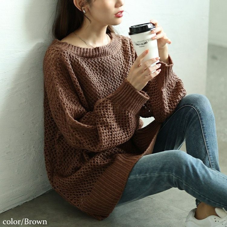 大きいサイズ レディース ラウンドネック太リブメッシュニット　fem-539