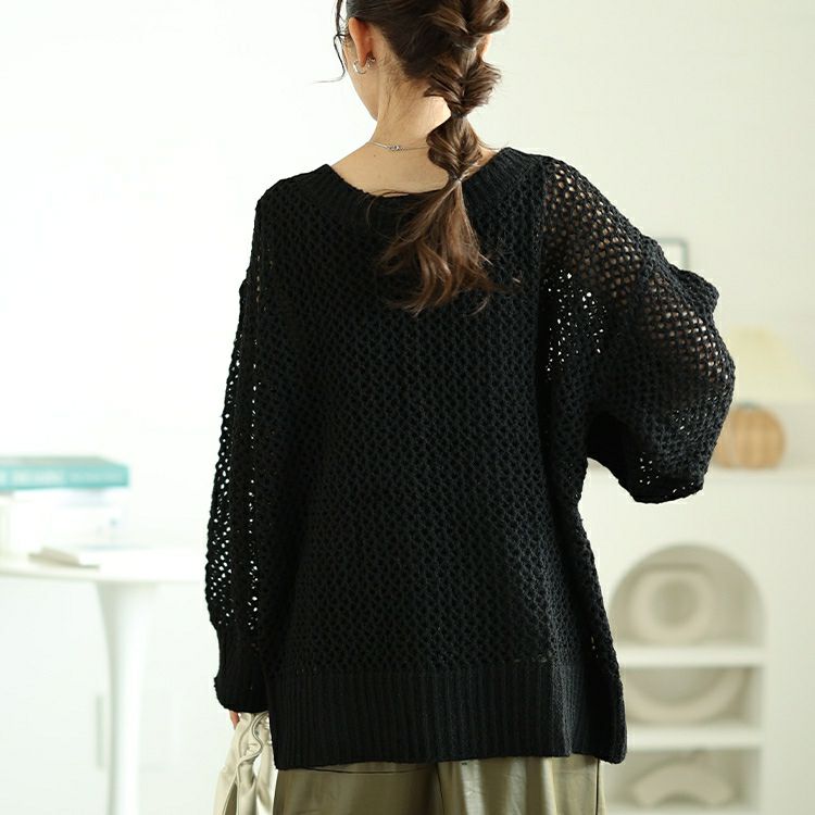 大きいサイズ レディース ラウンドネック太リブメッシュニット　fem-539