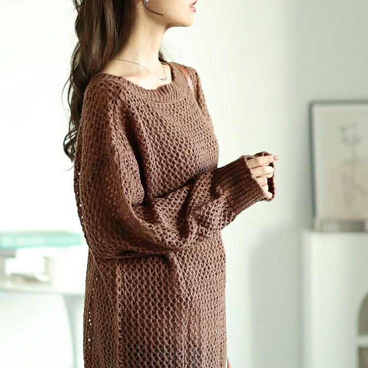 大きいサイズ レディース ラウンドネック太リブメッシュニット　fem-539