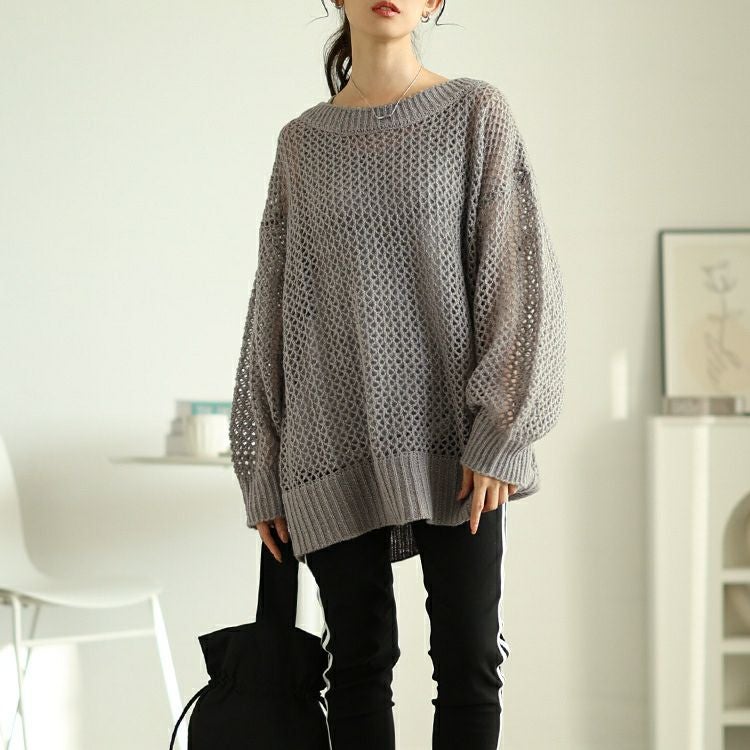 大きいサイズ レディース ラウンドネック太リブメッシュニット　fem-539