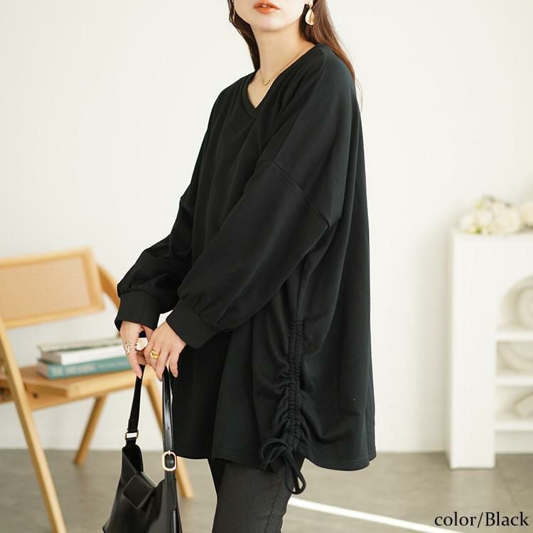 大きいサイズ レディース Vネックサイドドロストプルオーバー　bai-0165 ブラック