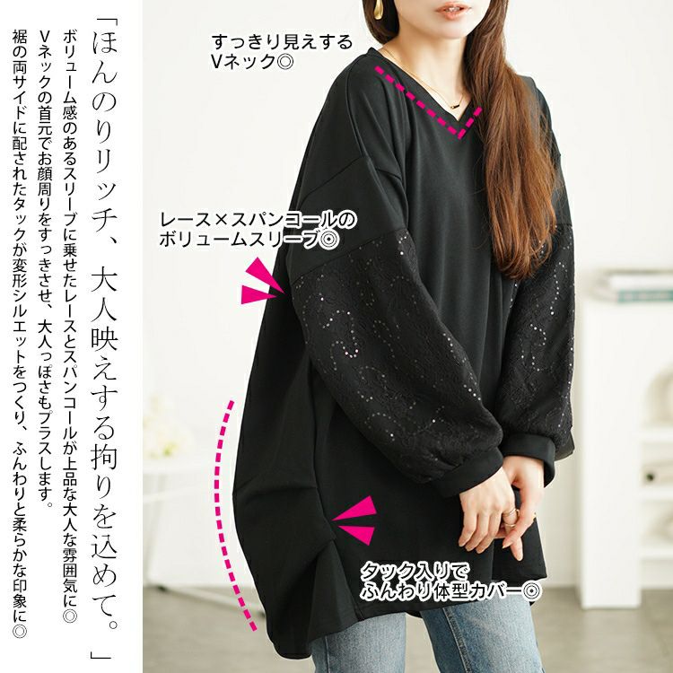 大きいサイズ レディース スパンコールレース切り替えチュニック　bai-0164