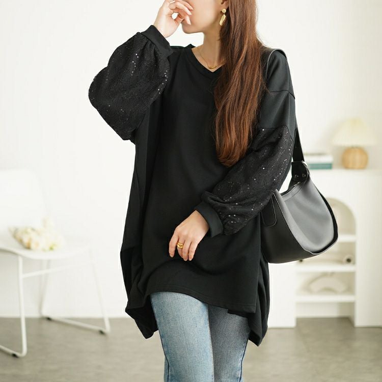 大きいサイズ レディース スパンコールレース切り替えチュニック　bai-0164