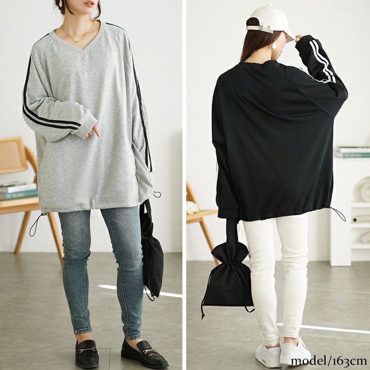 大きいサイズ レディース 裾ドロスト袖ラインラグランプルオーバー　bai-0163