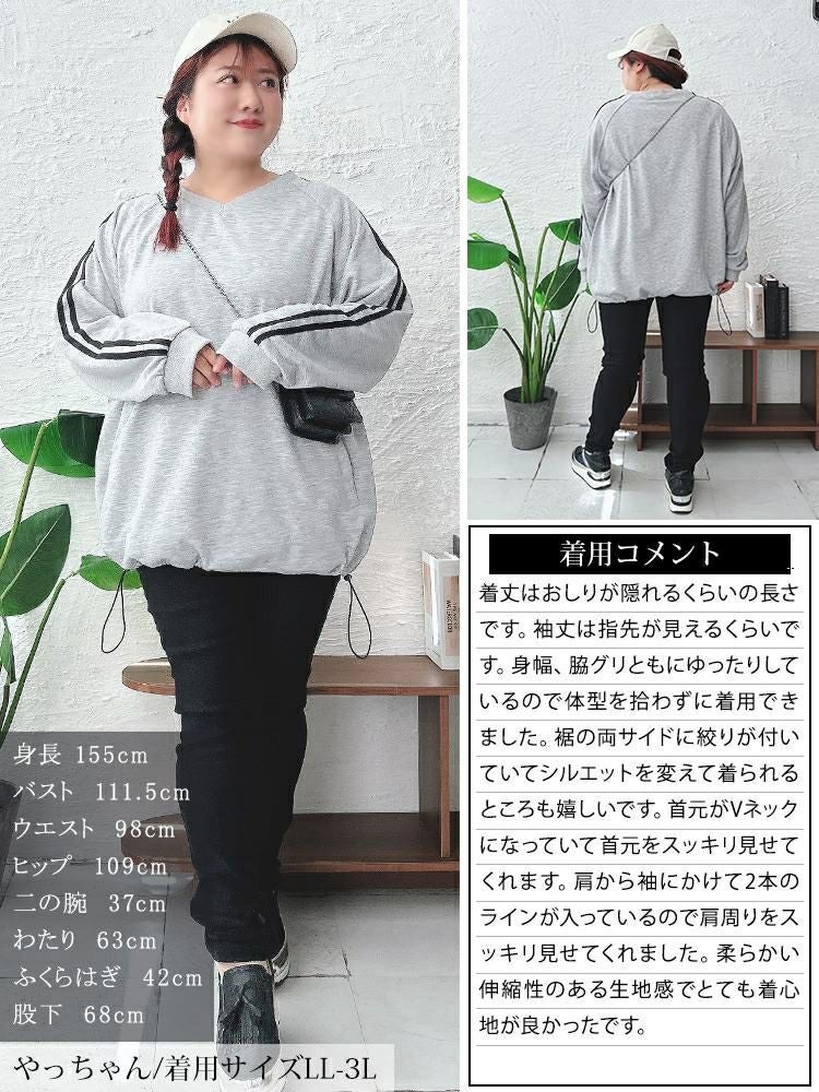 大きいサイズ レディース 裾ドロスト袖ラインラグランプルオーバー　bai-0163