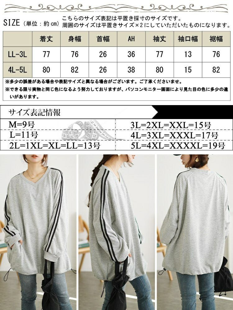 大きいサイズ レディース 裾ドロスト袖ラインラグランプルオーバー　bai-0163