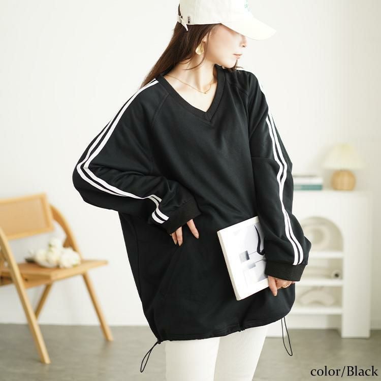 大きいサイズ レディース 裾ドロスト袖ラインラグランプルオーバー　bai-0163 ブラック