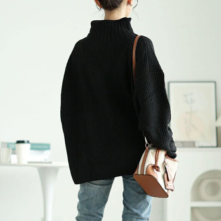 大きいサイズ レディース ハイネックサイドボタンリブニット　wn-0221