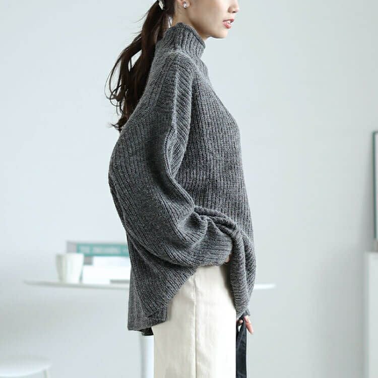 大きいサイズ レディース ハイネックサイドボタンリブニット　wn-0221