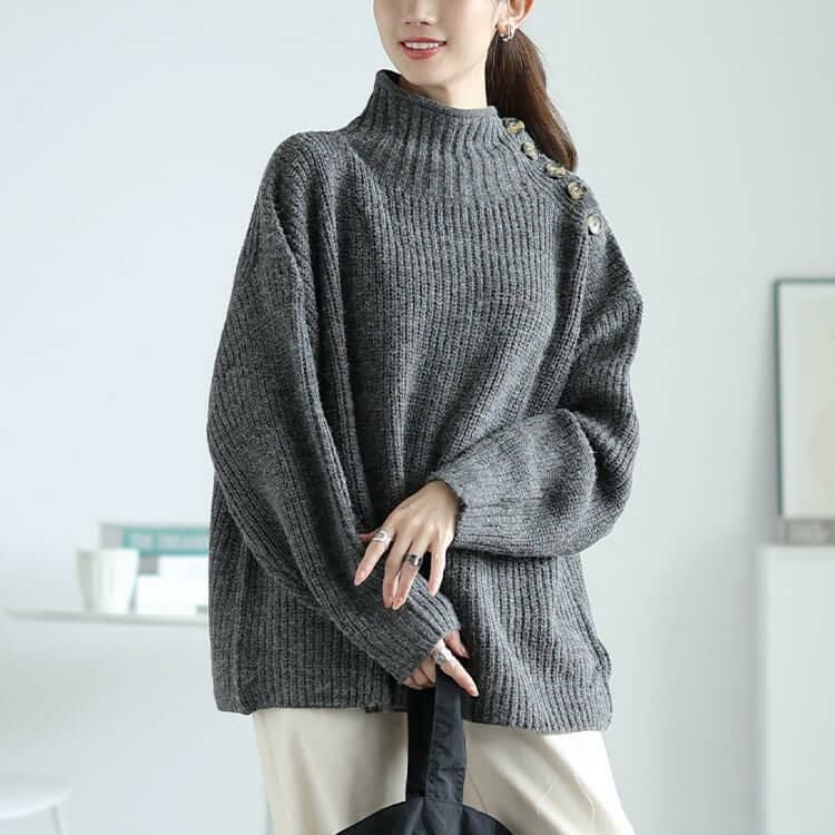 大きいサイズ レディース ハイネックサイドボタンリブニット　wn-0221 チャコールグレー