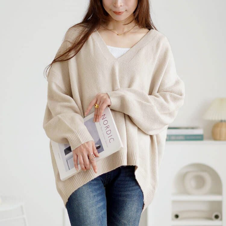 大きいサイズ レディース ドロップショルダー深Vネックセーター　wn-0220