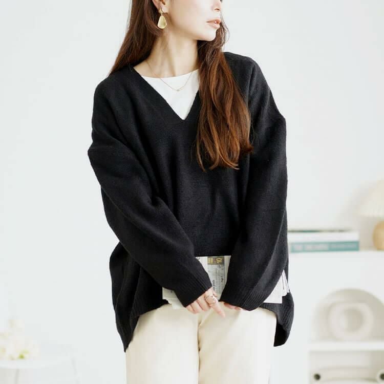 大きいサイズ レディース ドロップショルダー深Vネックセーター　wn-0220 ブラック