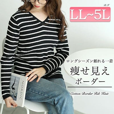 大きいサイズ レディース Vネックボーダーコットンリブニット　wn-0213