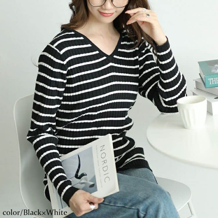 大きいサイズ レディース Vネックボーダーコットンリブニット　wn-0213