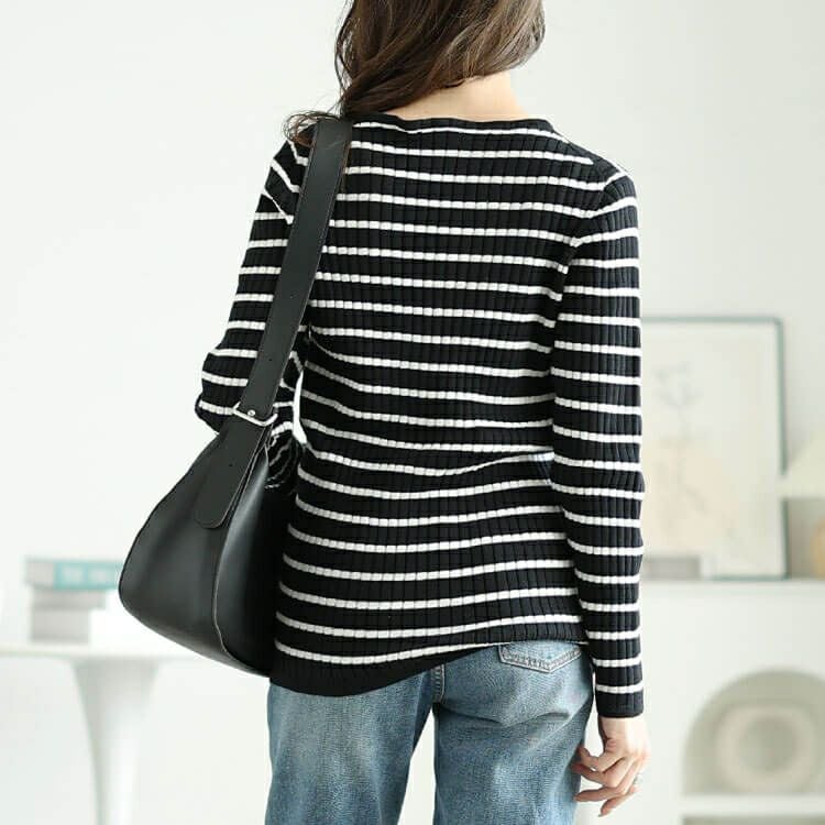 大きいサイズ レディース Vネックボーダーコットンリブニット　wn-0213