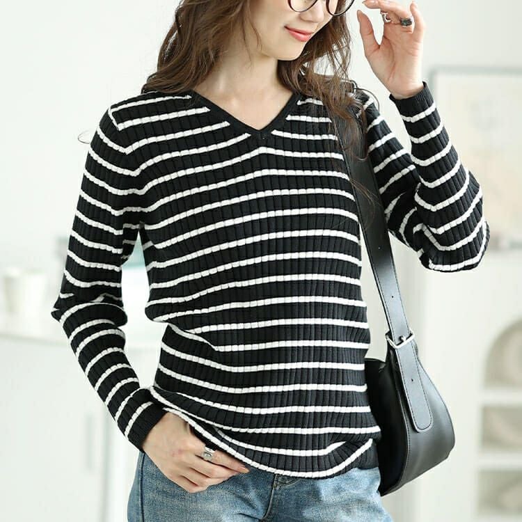 大きいサイズ レディース Vネックボーダーコットンリブニット　wn-0213