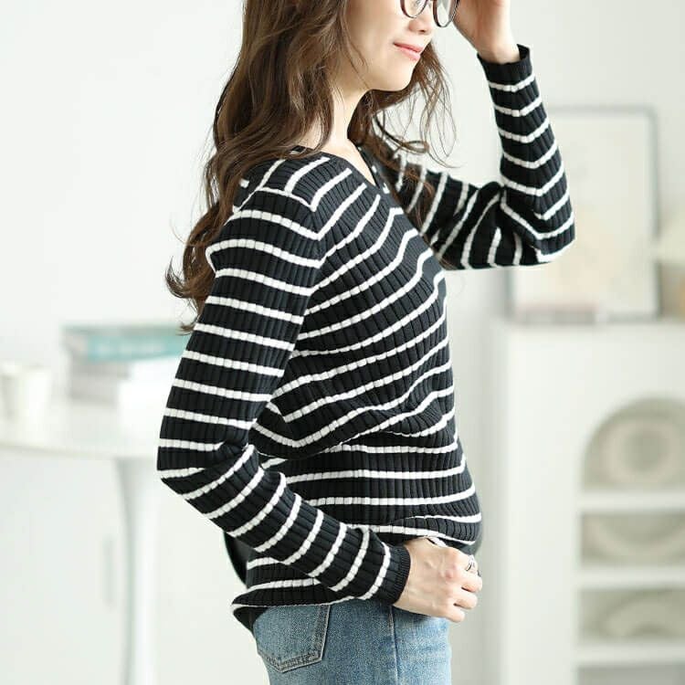 大きいサイズ レディース Vネックボーダーコットンリブニット　wn-0213