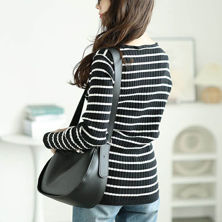 大きいサイズ レディース Vネックボーダーコットンリブニット　wn-0213