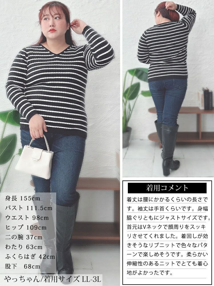 大きいサイズ レディース Vネックボーダーコットンリブニット　wn-0213