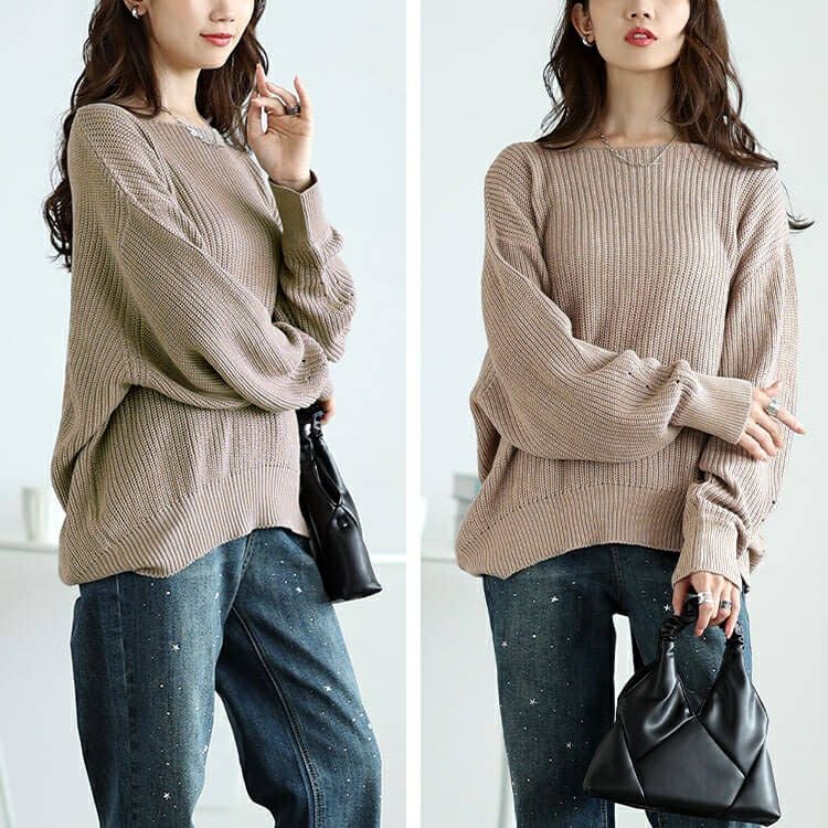 大きいサイズ レディース ボートネックドルマンリブニット　wn-0203