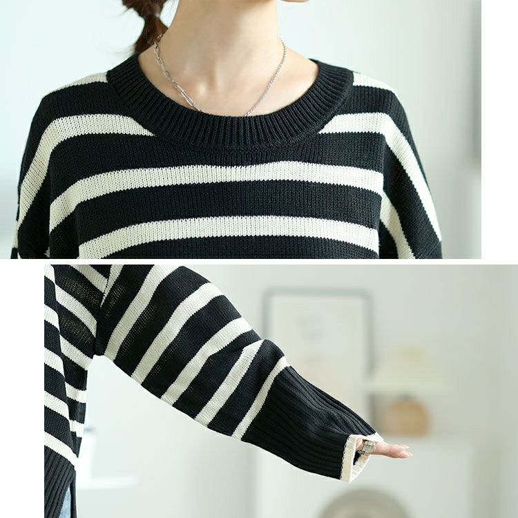 大きいサイズ レディース サイドスリットボーダーニット　bro-0051