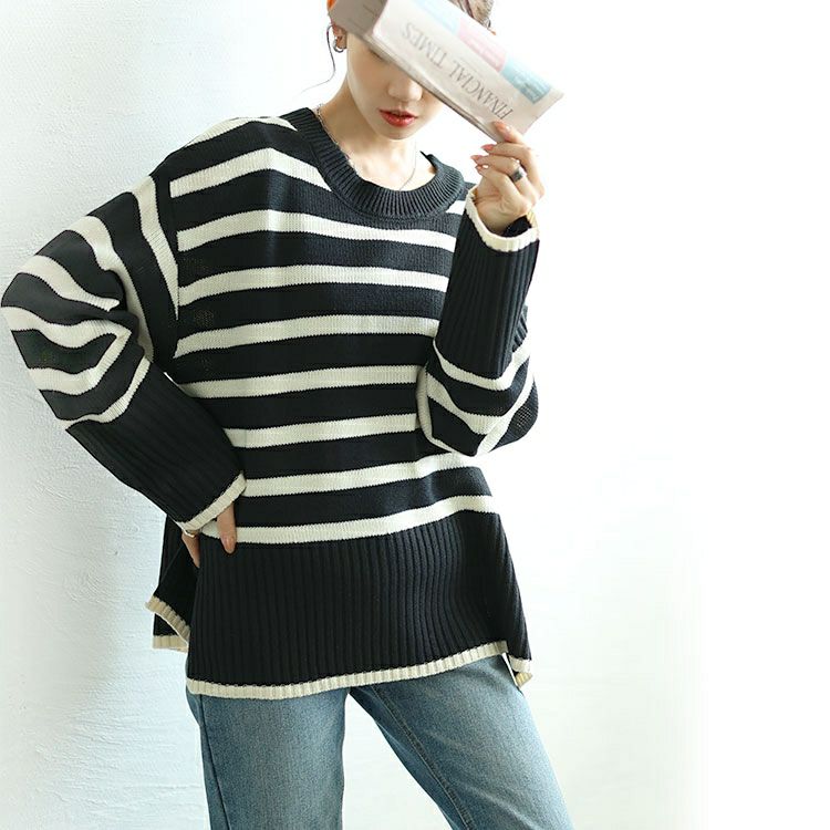 大きいサイズ レディース サイドスリットボーダーニット　bro-0051