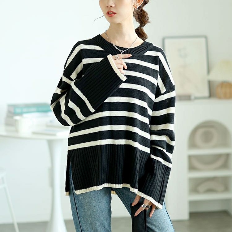 大きいサイズ レディース サイドスリットボーダーニット　bro-0051