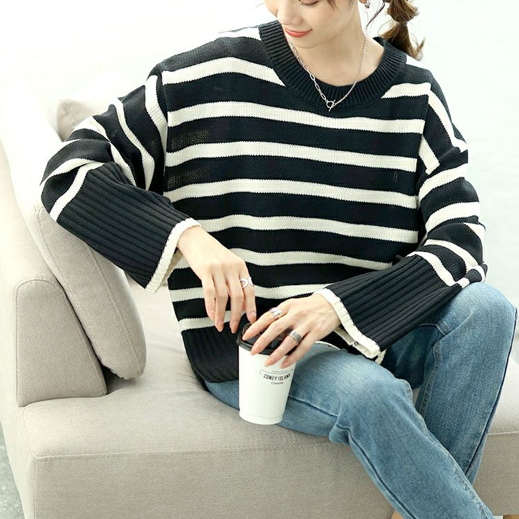 大きいサイズ レディース サイドスリットボーダーニット　bro-0051