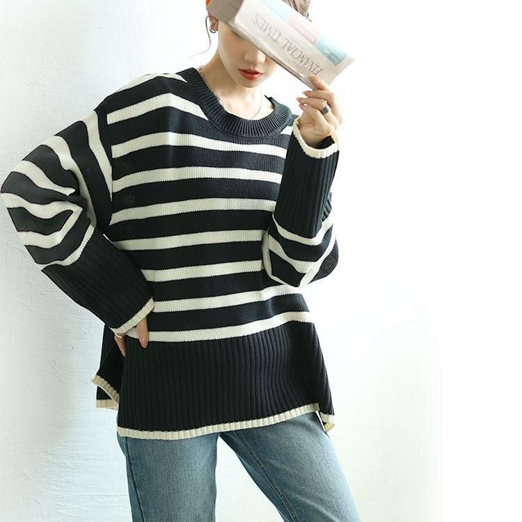 大きいサイズ レディース サイドスリットボーダーニット　bro-0051 ブラック×オフ