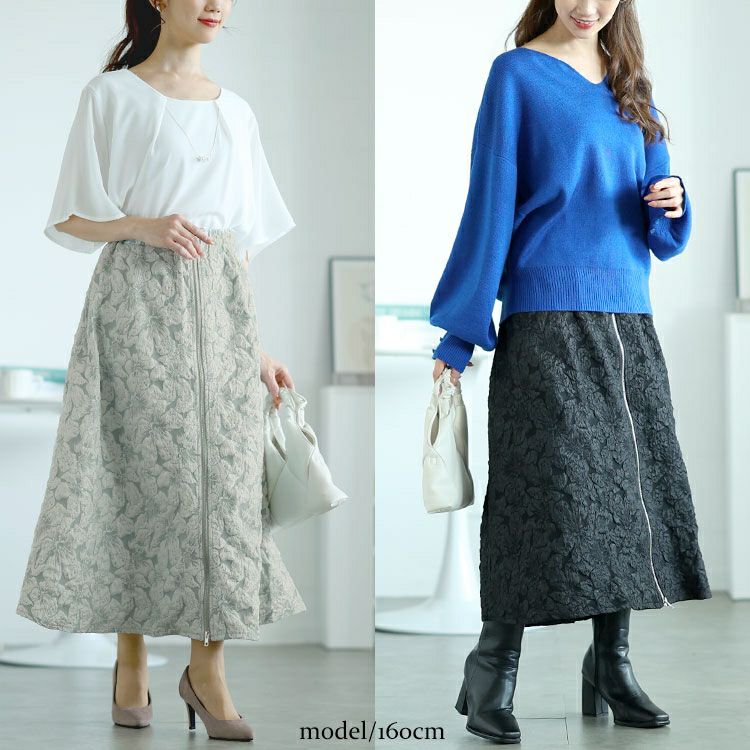 大きいサイズ レディース フロントジップふくれジャガードスカート　bro-0056