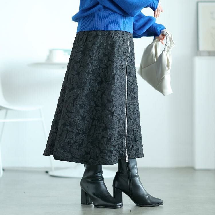 大きいサイズ レディース フロントジップふくれジャガードスカート　bro-0056 ブラック