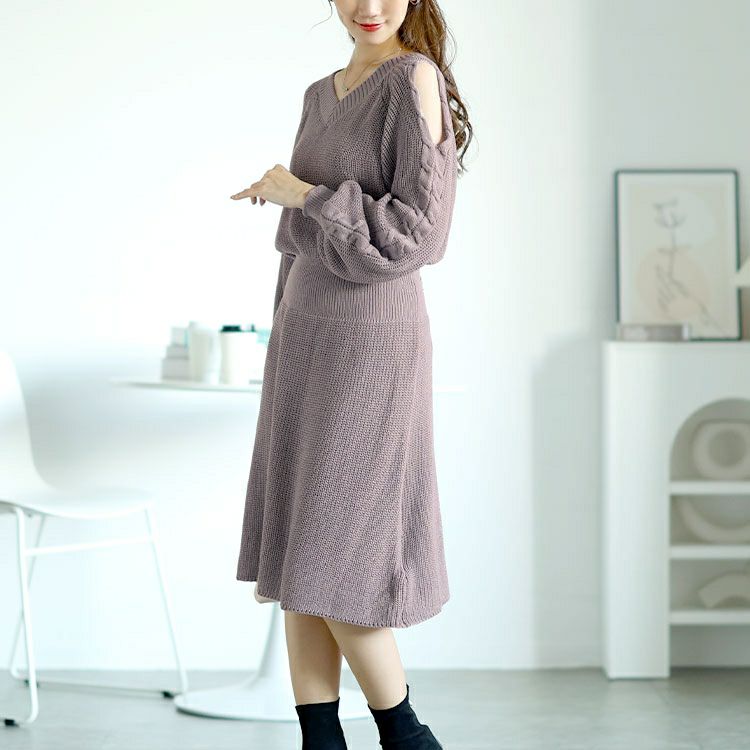大きいサイズ レディース ショルダーカットニットワンピース　fem-542