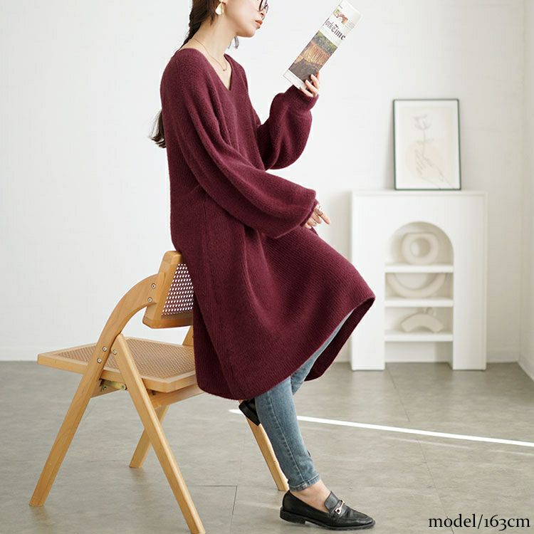 大きいサイズ レディース Vネックニットチュニックワンピース　fem-540