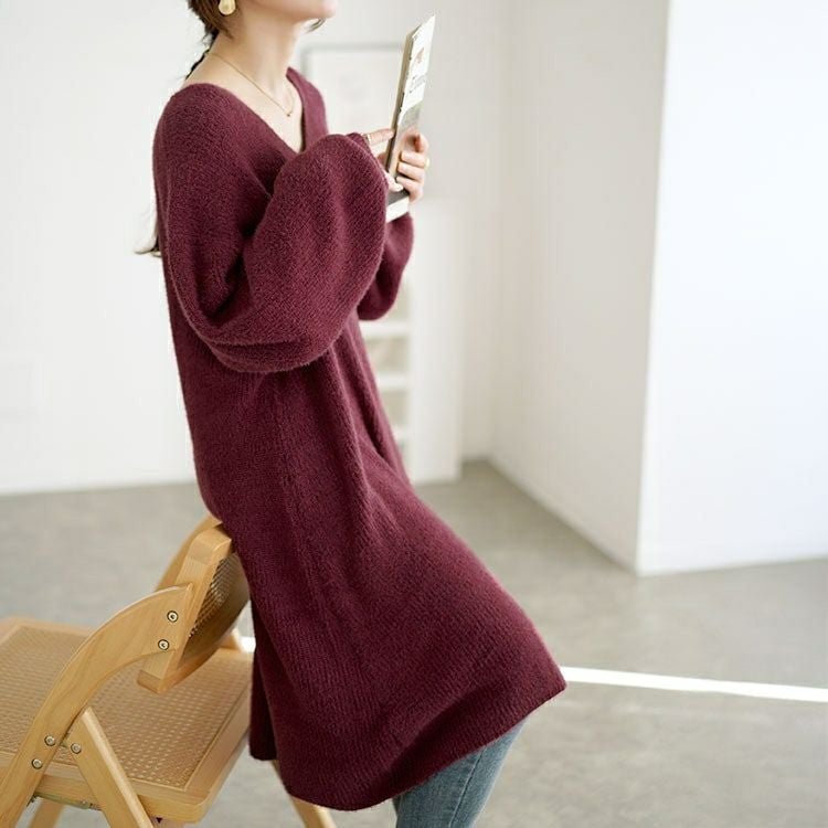 大きいサイズ レディース Vネックニットチュニックワンピース　fem-540