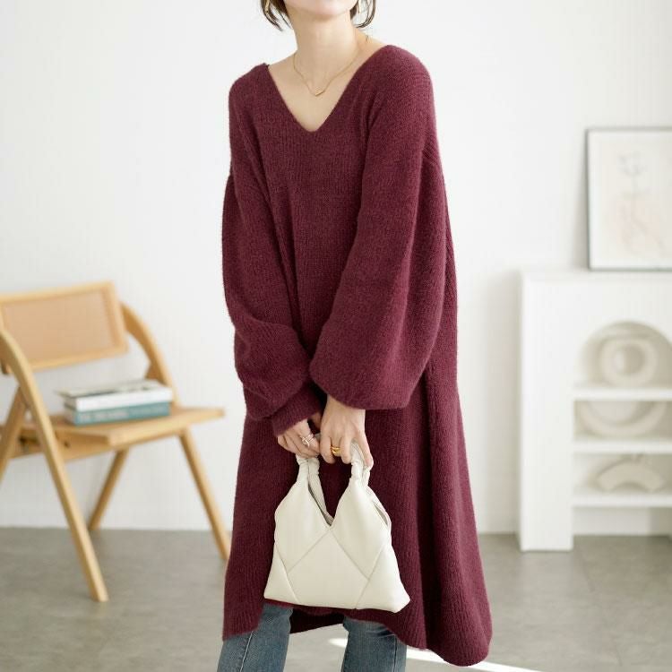 大きいサイズ レディース Vネックニットチュニックワンピース　fem-540 ワイン