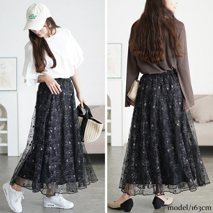 大きいサイズ レディース ラメ花柄刺繍チュールフレアスカート　maru-30102