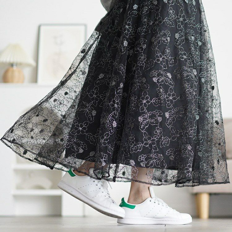 大きいサイズ レディース ラメ花柄刺繍チュールフレアスカート　maru-30102