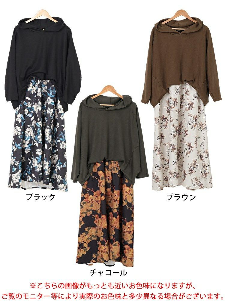 大きいサイズ レディース 花柄ドッキングパーカーワンピース　sw-0699
