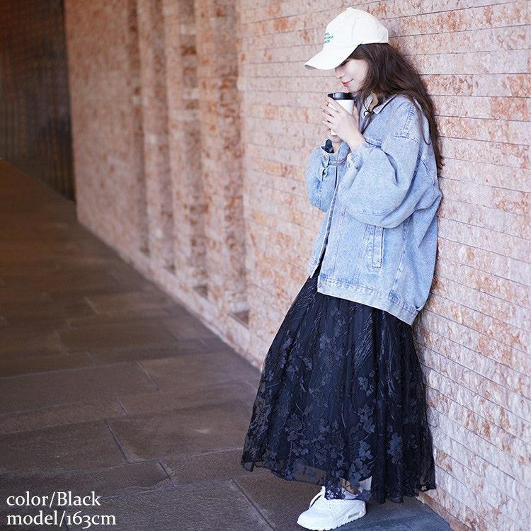 大きいサイズ レディース 花柄刺繍チュールフレアスカート　maru-30101