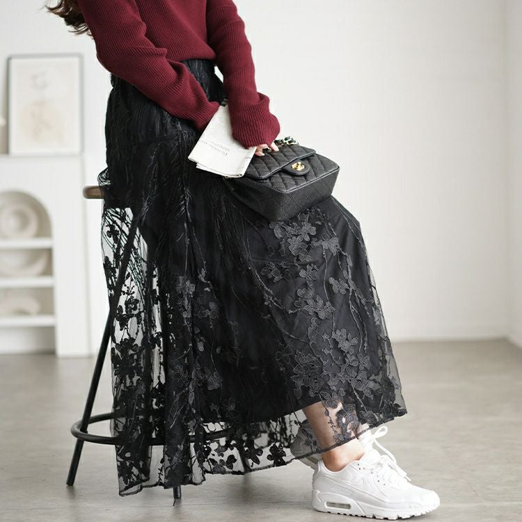 大きいサイズ レディース 花柄刺繍チュールフレアスカート　maru-30101