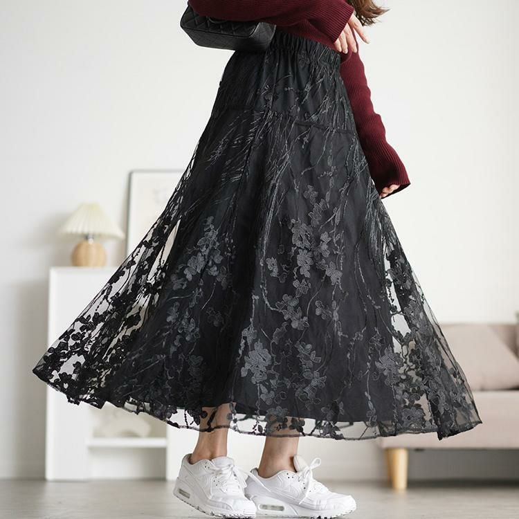 大きいサイズ レディース 花柄刺繍チュールフレアスカート maru-30101