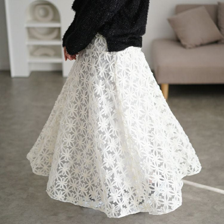 大きいサイズ レディース リボン刺繍チュールフレアスカート　maru-30100