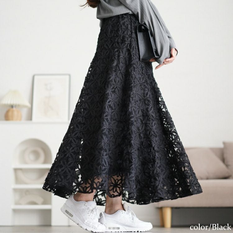 大きいサイズ レディース リボン刺繍チュールフレアスカート　maru-30100