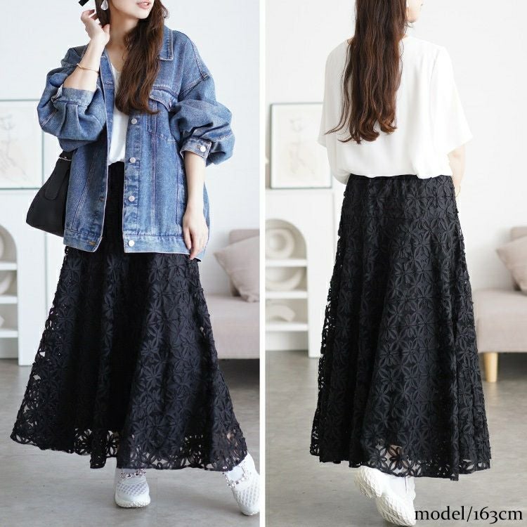 大きいサイズ レディース リボン刺繍チュールフレアスカート　maru-30100