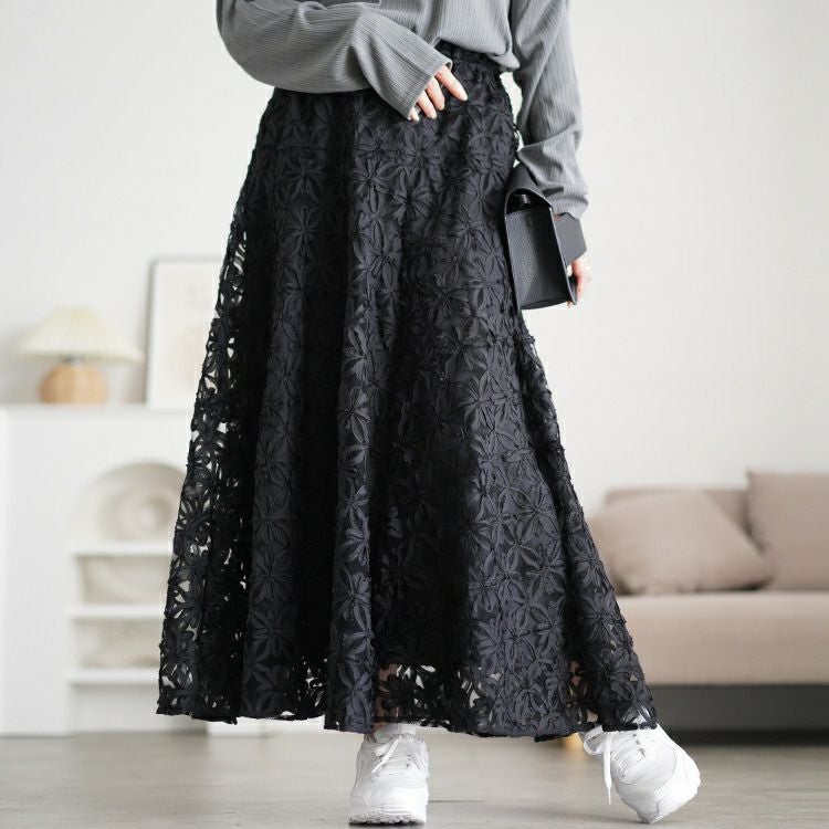 大きいサイズ レディース リボン刺繍チュールフレアスカート　maru-30100