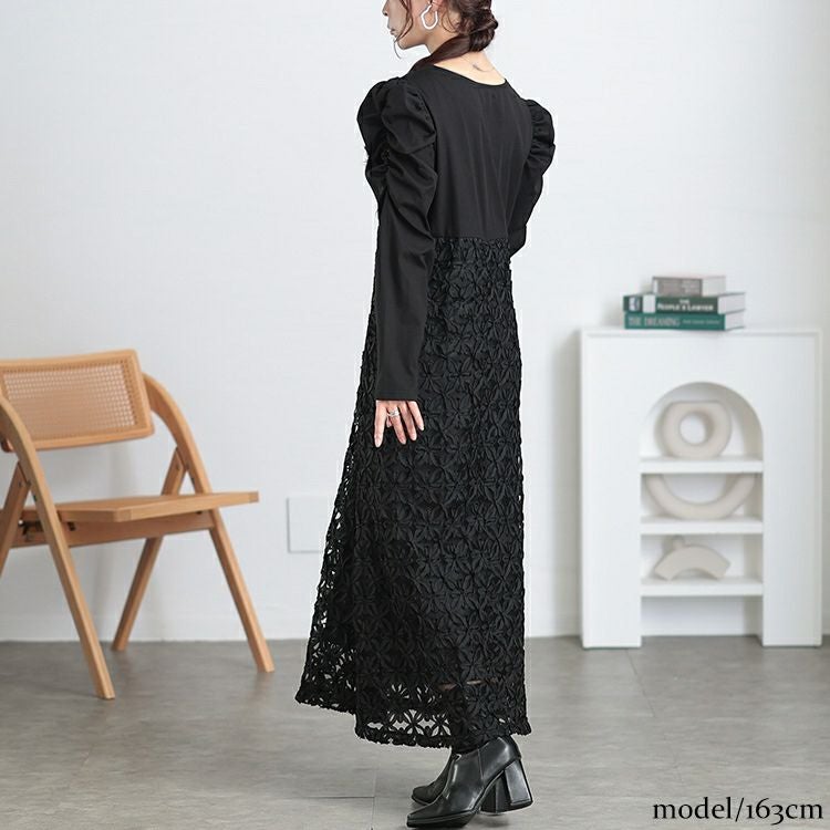 大きいサイズ レディース 刺繍チュール切り替えパワショルワンピース　maru-30099