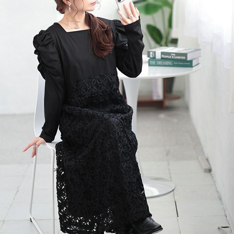 大きいサイズ レディース 刺繍チュール切り替えパワショルワンピース
